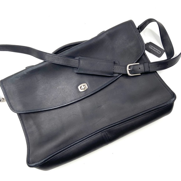 Coach Handbags - Vintage Coach | Genuine Leather Silver Hardware Black Briefcase Messenger Bag